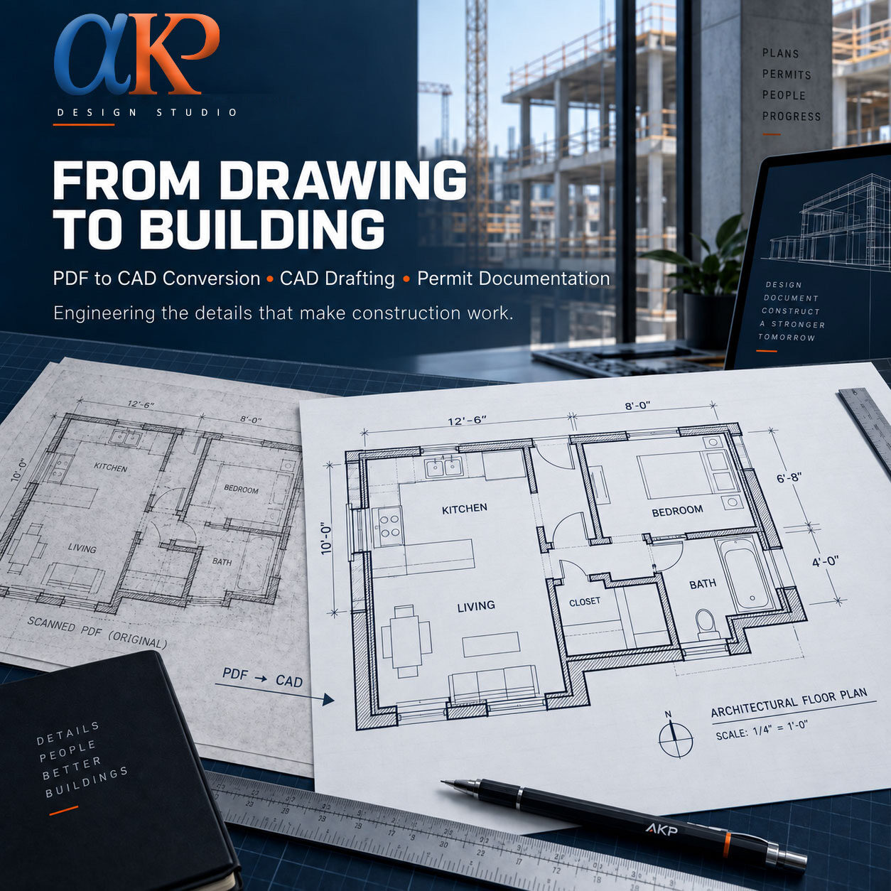 Scanned PDF floor plan converted into a clean dimensioned CAD drawing