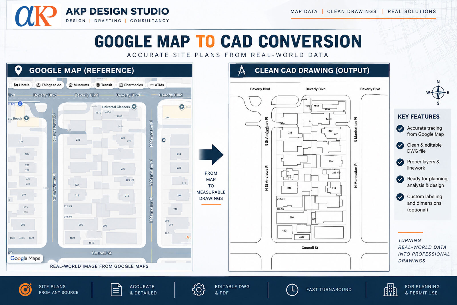 Google Maps satellite reference converted into a labeled CAD site/block plan