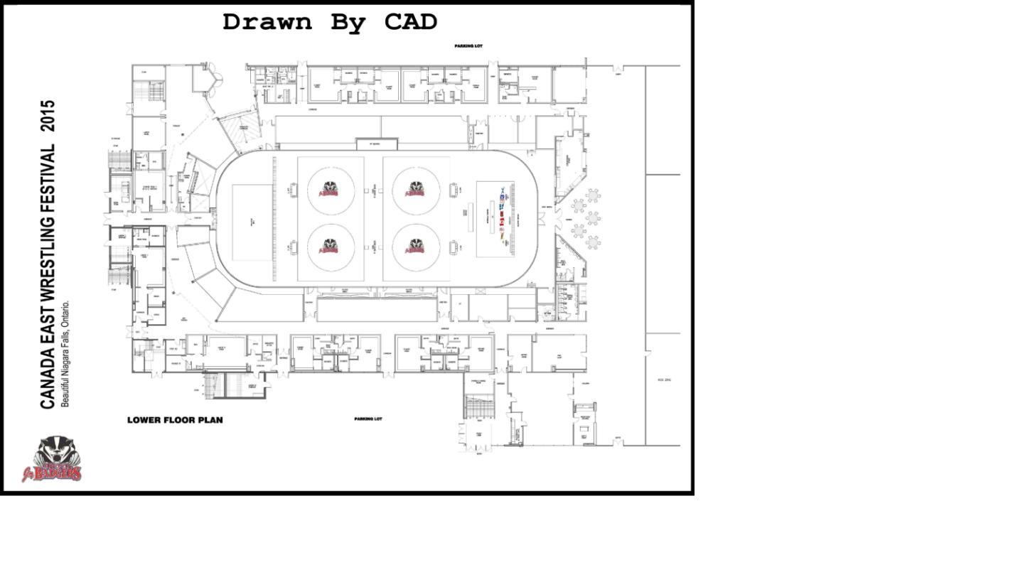 Lower floor plan for a wrestling festival venue in Niagara Falls, Ontario, drawn in AutoCAD