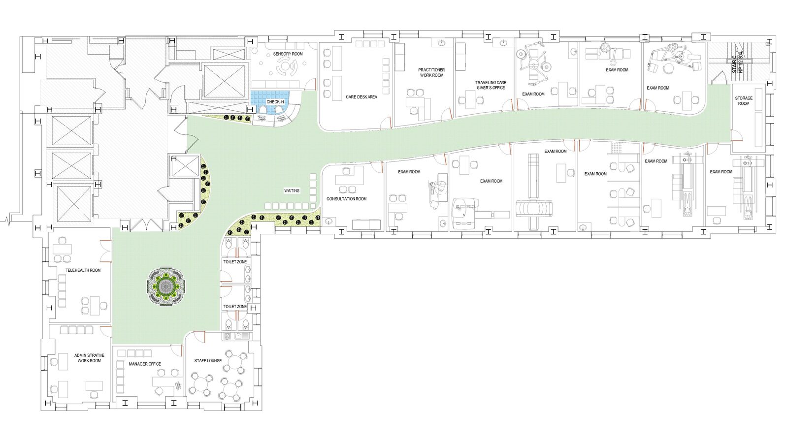 Medical clinic floor plan with exam rooms and waiting area, drawn in AutoCAD
