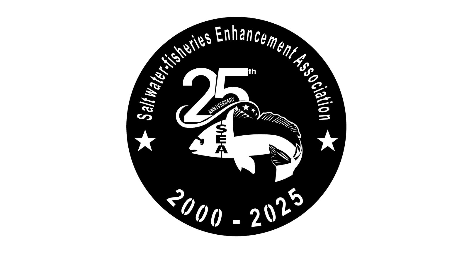 Circular anniversary badge with fish emblem vectorized as two-tone cut-ready art