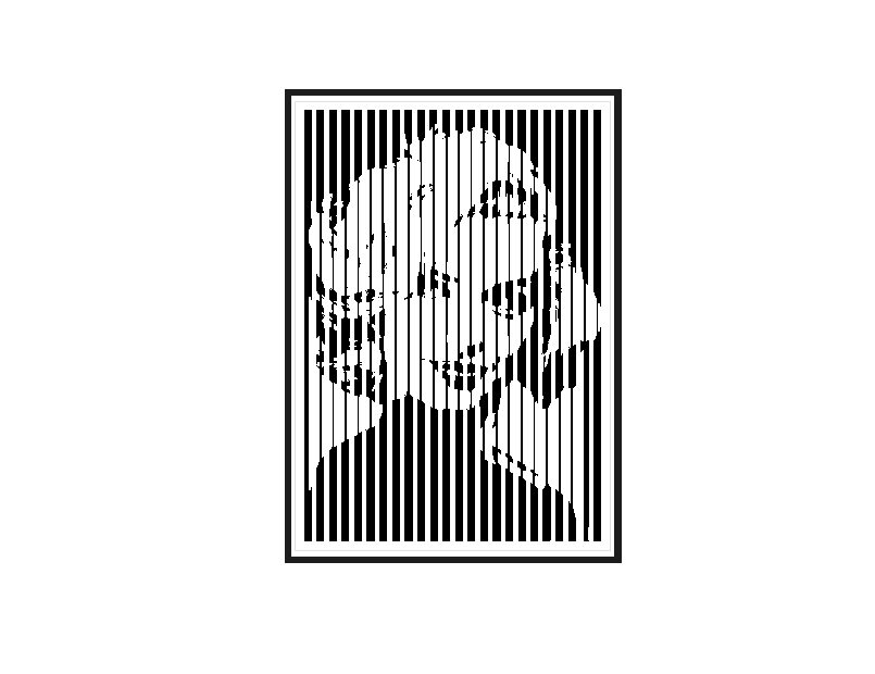 Portrait rendered as a barcode-style striped line art design for laser engraving