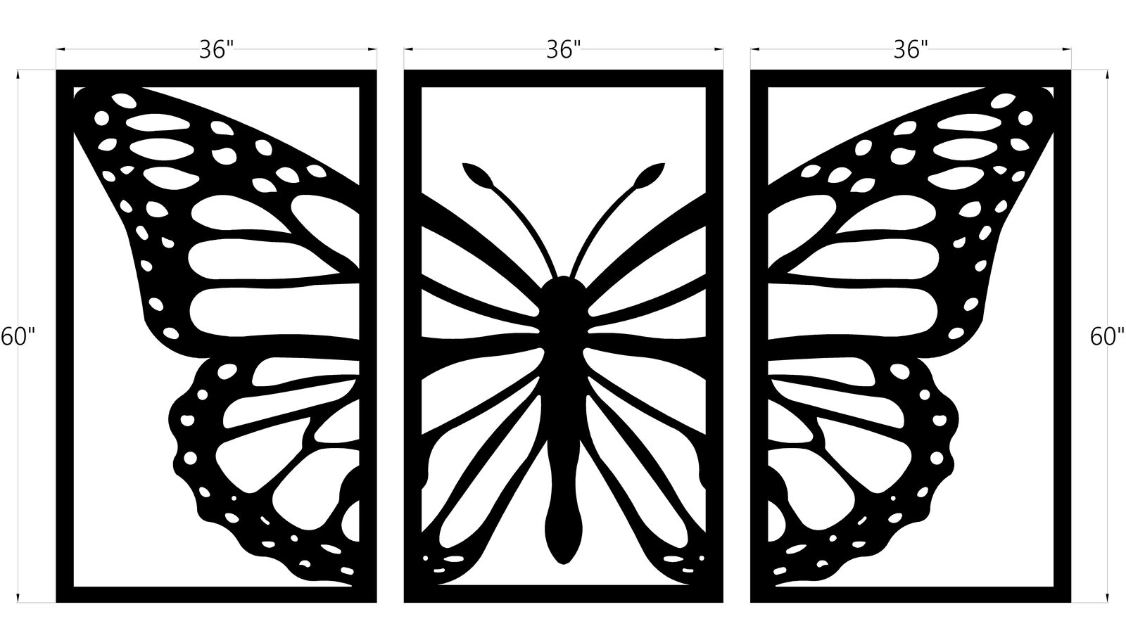 Three-panel butterfly wall art, CNC cut-ready design