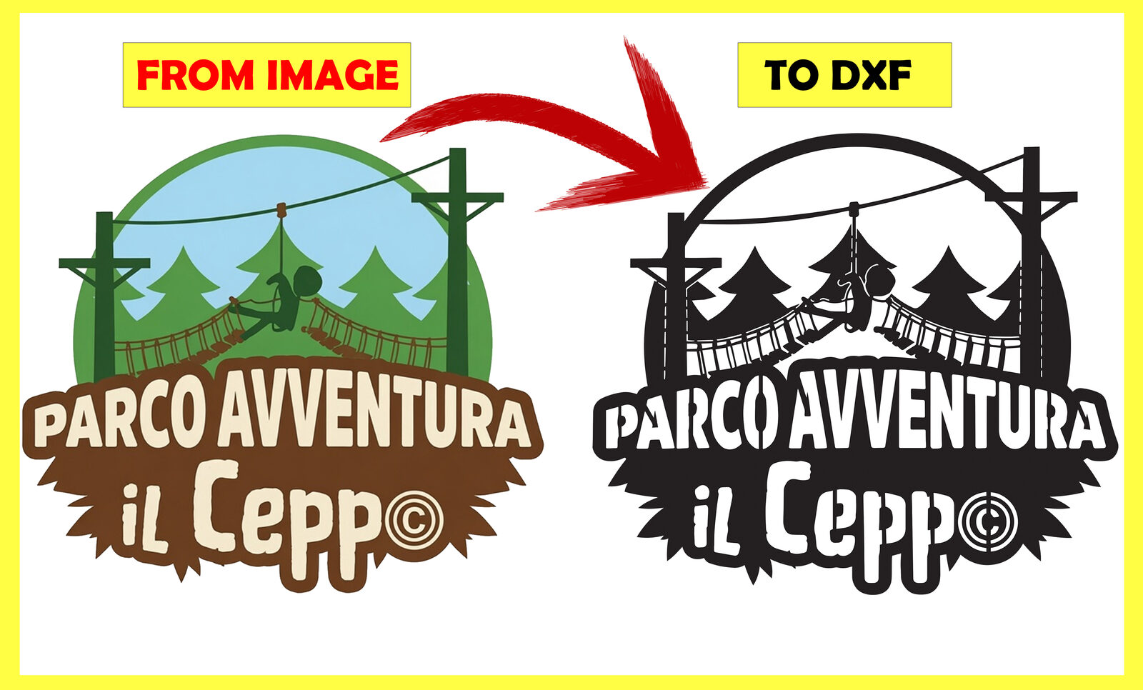 Illustrated logo converted from a raster image into a clean single-color DXF outline for cutting