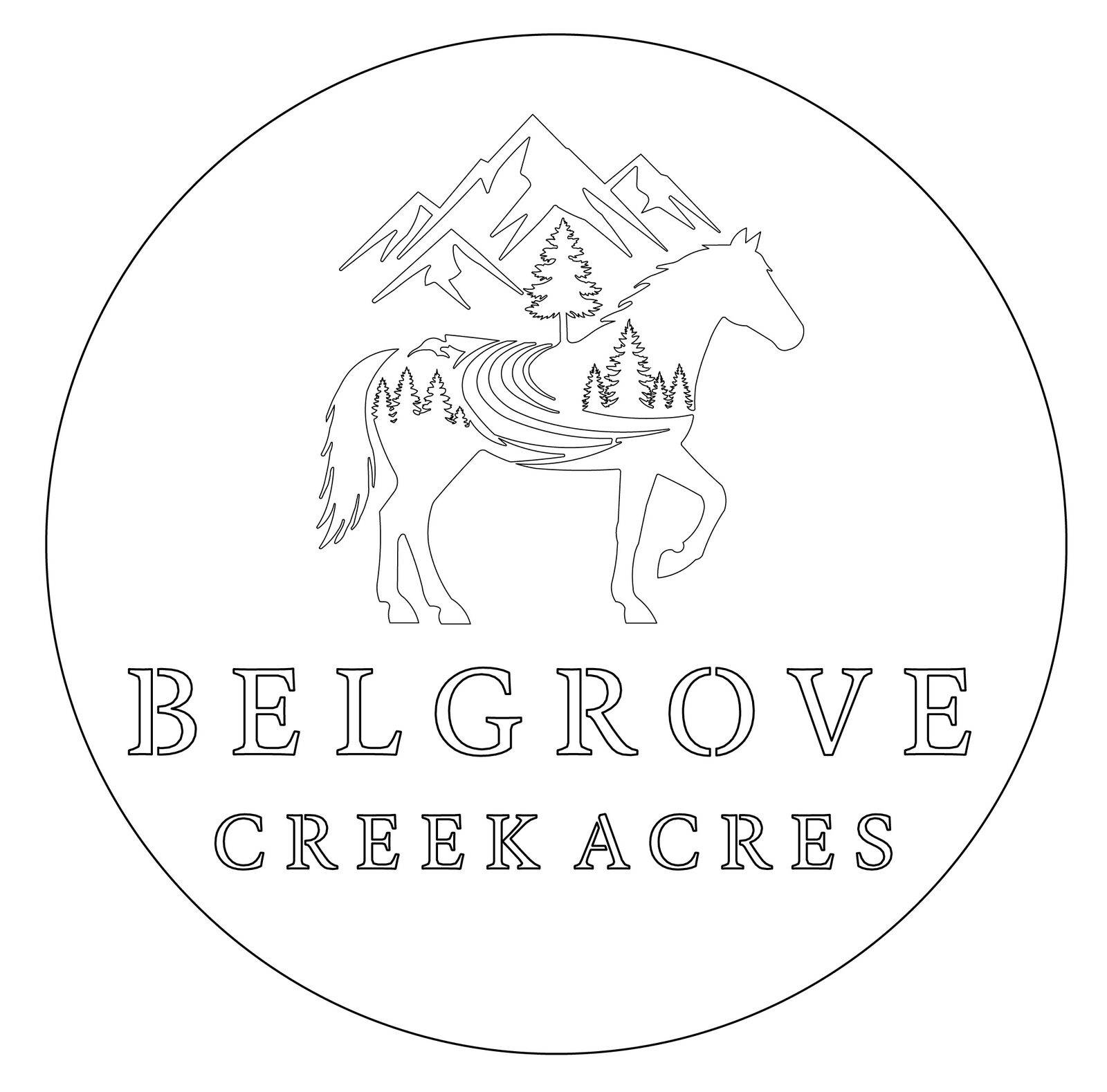 Circular ranch logo with horse and mountain scene vectorized as line art for cutting