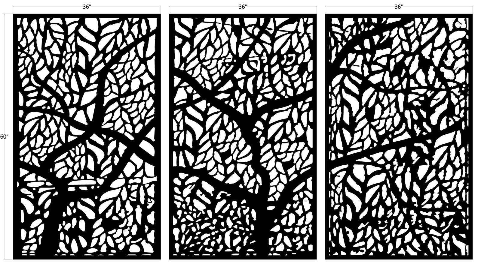Three-panel tree and leaf silhouette wall art design vectorized for laser cutting