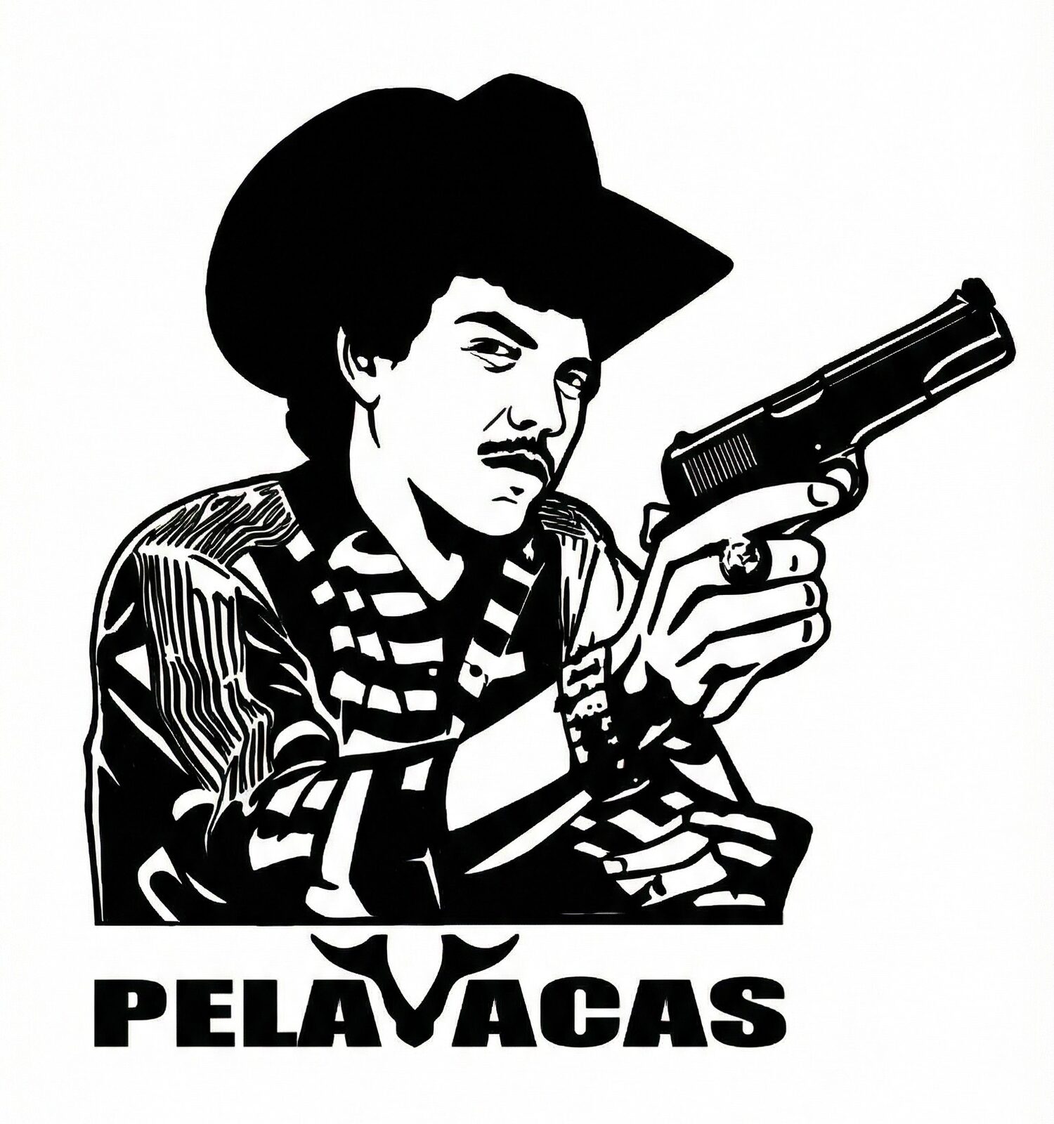 Stylized western character illustration vectorized as bold cut-ready line art
