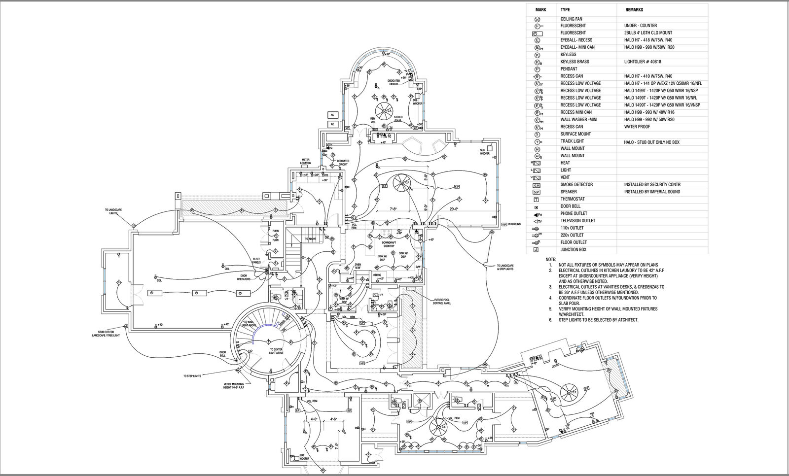 Residential electrical and lighting plan with fixture legend, drawn in AutoCAD