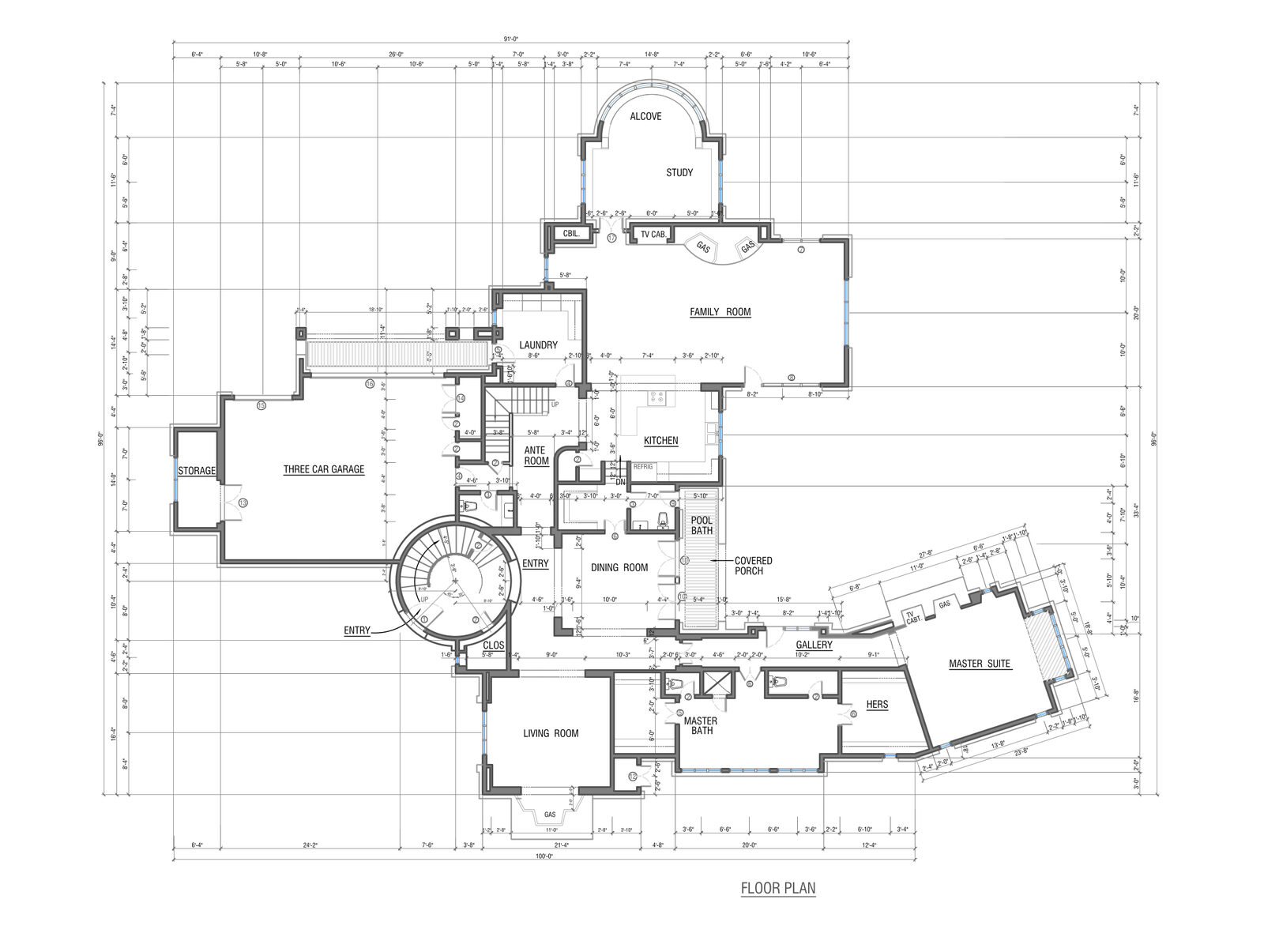 Large luxury residential floor plan with fully dimensioned rooms, drawn in AutoCAD