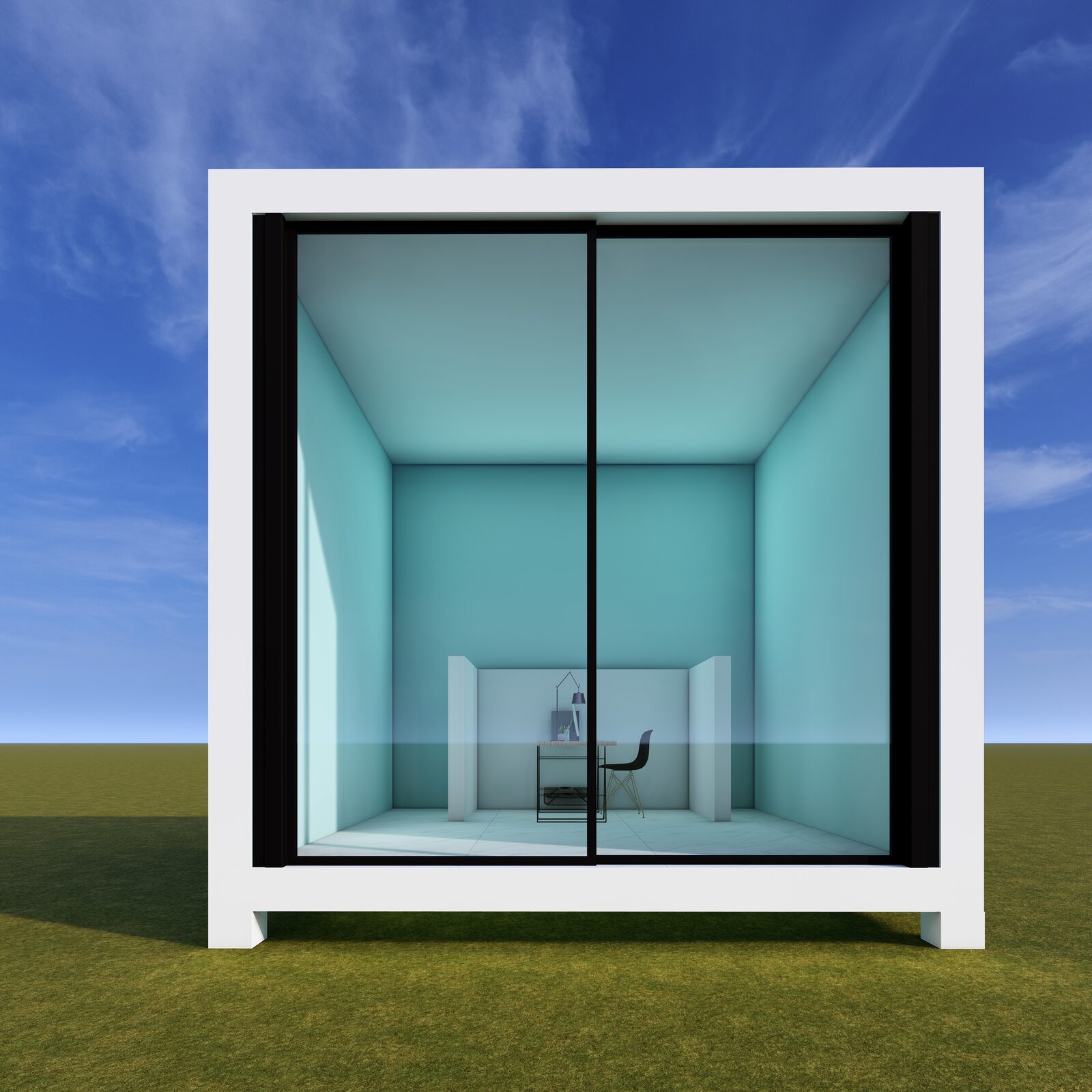 3D render of a glass-walled garden office pod with interior desk setup